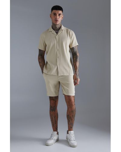BoohooMAN Pleated Short Sleeve Oversized Shirt And Short Set - Gray