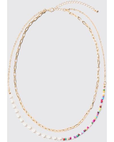 BoohooMAN 2 Pack Multi Beaded Pearl Necklaces In Gold - Weiß