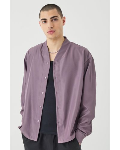 BoohooMAN Boxy Collarless Soft Twill Label Shirt - Purple