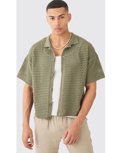 BoohooMAN Oversized Boxy Textured Open Stitch Knit Shirt In Khaki - Green