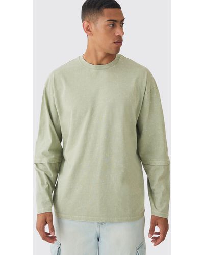 BoohooMAN Oversized Half Faux Layer Oil Wash T-Shirt - Green