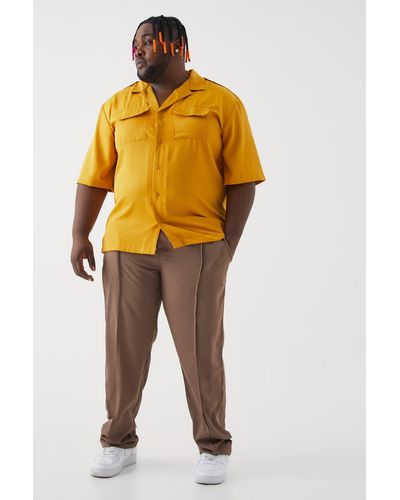 BoohooMAN Plus Utility Drop Shoulder Twill Shirt & Pintuck Pants Set - Yellow