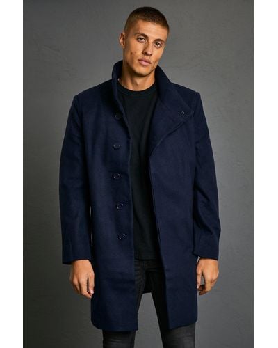 BoohooMAN Funnel Neck Wool Look Overcoat - Blue