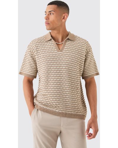 BoohooMAN Oversized Boxy Stripe Textured Knit Polo - Natural