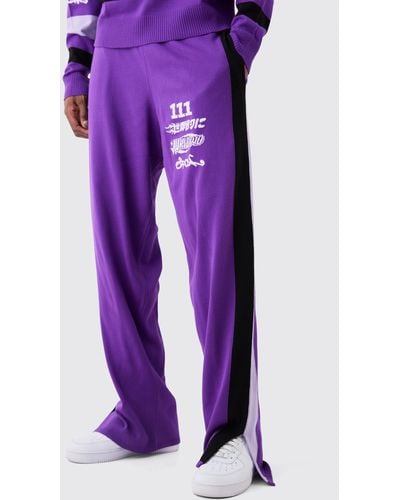 BoohooMAN Relaxed Fit Moto Ribbed Knitted Sweatpants - Purple