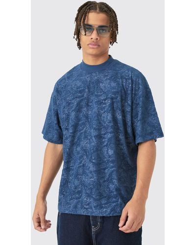 BoohooMAN Oversized Burnout Towelling Jacquard T-shirt - Blue