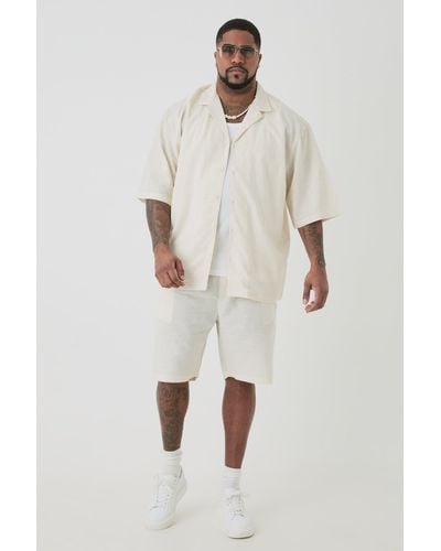 BoohooMAN Plus Drop Revere Linen Shirt & Short Set In Ecru - Natural