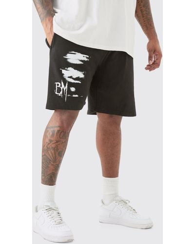 BoohooMAN Plus Oversized Fit Blur Print Jersey Shorts - Black