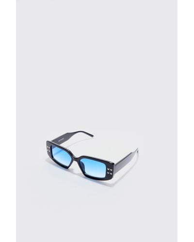 BoohooMAN Chunky Rectangle Sunglasses With Blue Lens In Black - Blau