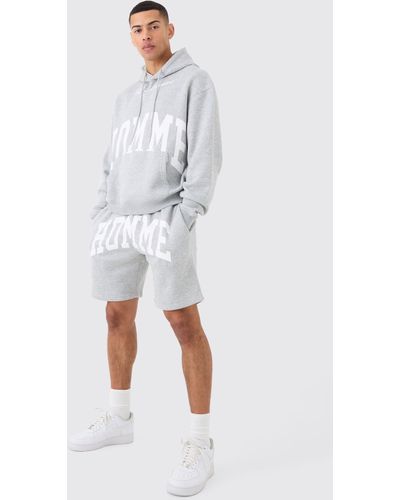 BoohooMAN Oversized Boxy Hooded Short Tracksuit - Grey