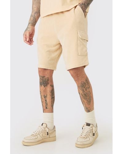 Boohoo Tall Elasticated Waist Velour Cargo Shorts - Natural