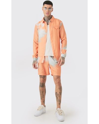 BoohooMAN Tall Linen Look Pocket Detail Abstract Shirt & Short Set - Orange