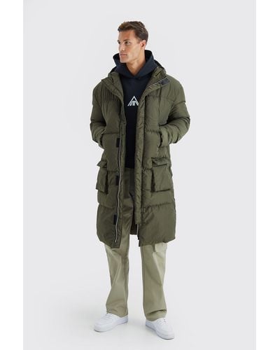 BoohooMAN Tall 4 Pocket Longline Hooded Puffer Jacket In Khaki - Green