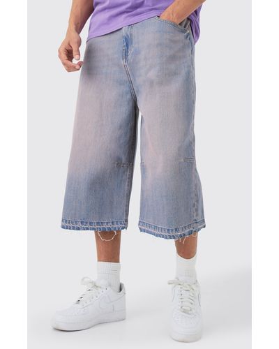 BoohooMAN Oversized Denim Jorts With Let Down Hem In Pink Tink - Blue