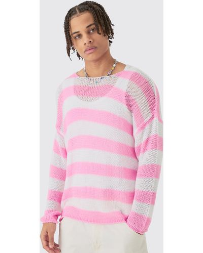 BoohooMAN Oversized Boxy Open Knit Stripe Sweater In Pink