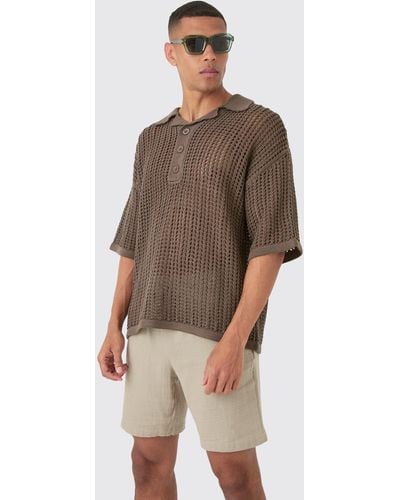 BoohooMAN Oversized Open Stitch Deep Revere Knit Polo - Brown