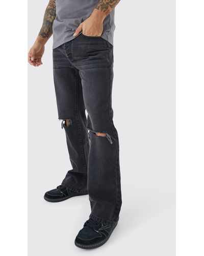 BoohooMAN Relaxed Rigid Flare Jean With Knee Rips - Black