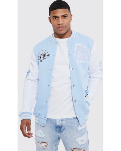 BoohooMAN Members Club Applique Varsity Jacket - Blue