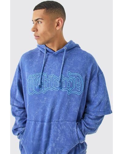 BoohooMAN Oversized Faux Layer Acid Wash Embroidered Hoodie - Blue