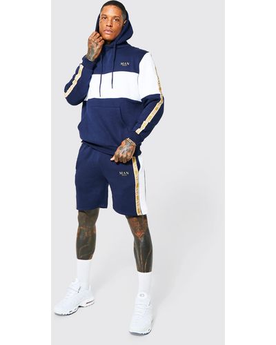 BoohooMAN Color Block Tape Short Tracksuit - Blue