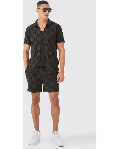 BoohooMAN Towelling Checkerboard Shirt & Short Set - Schwarz