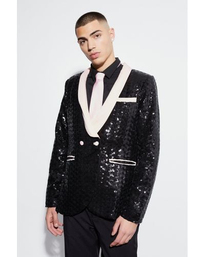 BoohooMAN Slim Double Breasted Sequin Suit Jacket - Blue