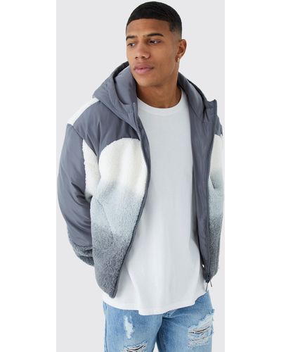 BoohooMAN Boxy Borg Ombre Puffer With Hood - Blue