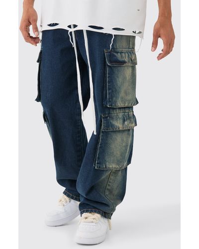 BoohooMAN Baggy Rigid Elastic Waist Acid Washed Cargo Jeans In Antique Blue