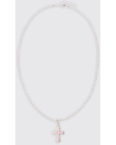 BoohooMAN Iced Cross Pendant Necklace In Pink - White