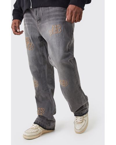 Boohoo Plus Slim Rigid Flare Distressed Applique Jeans - Gray