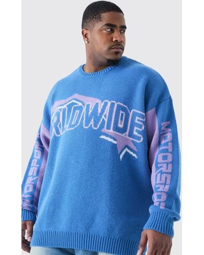 BoohooMAN Plus Oversized Knitted Wrldwide Drop Shoulder Jumper In Navy - Blue