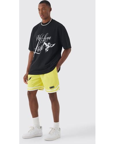BoohooMAN Oversized Extended Neck No Love T-shirt And Mesh Shorts Set - Gelb