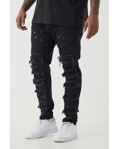 BoohooMAN Plus Super Skinny Pu Biker Rip & Repair Paint Splatter Jeans - Black