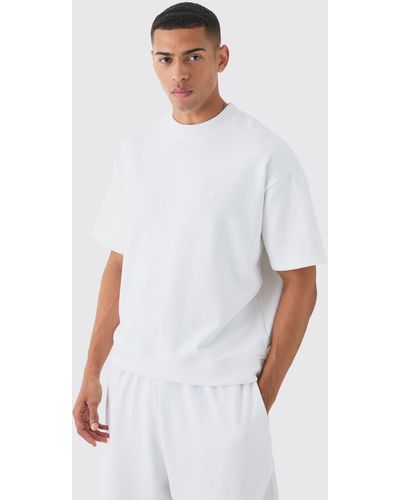BoohooMAN Oversized Boxy Loopback Embroidered Half Sleeve Sweatshirt - Weiß