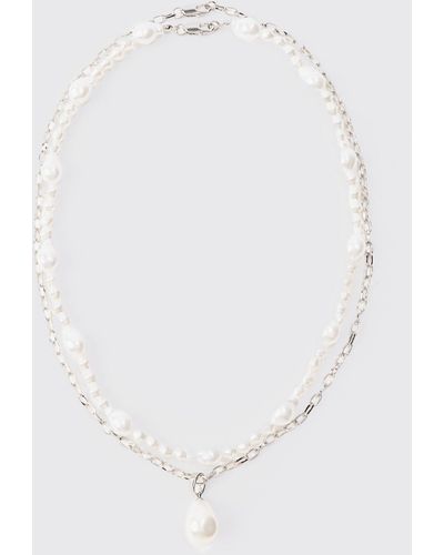 Boohoo 2 Pack Pearl Pendant Necklace In Silver - White