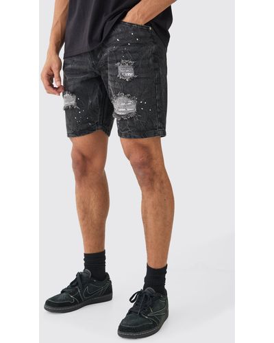Boohoo Relaxed Fit Ripped Crinkle Denim Shorts In Black
