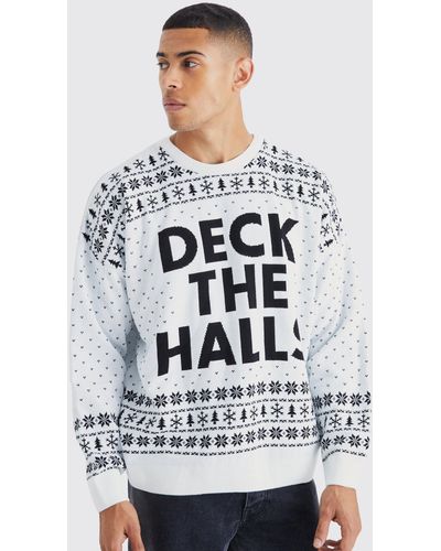 BoohooMAN Oversized Deck The Halls Christmas Sweater - Gray