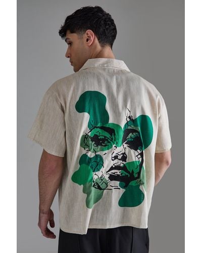 BoohooMAN Boxy Linen Back Embroidered Shirt - Green