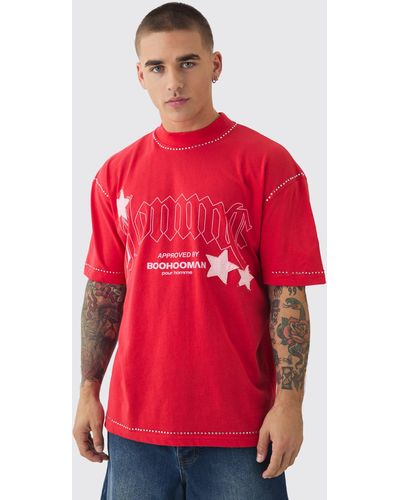 BoohooMAN Oversized Extended Neck Applique Star Rhinestone T-shirt - Red