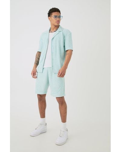 BoohooMAN Drop Revere Towelling Embroidered Shirt And Short Set - Blau