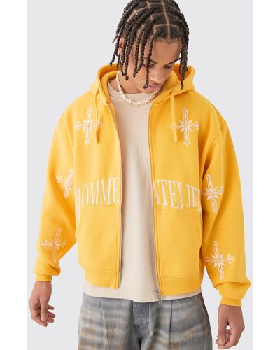 BoohooMAN Oversized Boxy Zip Through Cross Embroidered Hoodie - Yellow