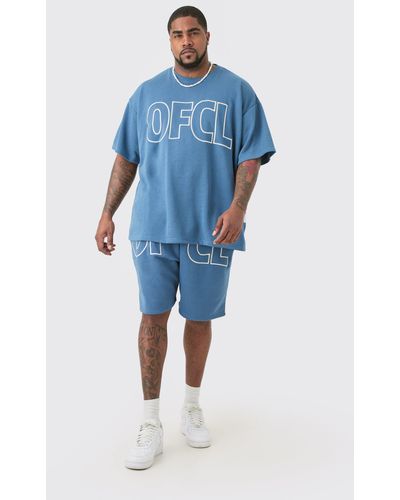 BoohooMAN Plus Oversized Ofcl Embroidered T-shirt & Short Set - Blue