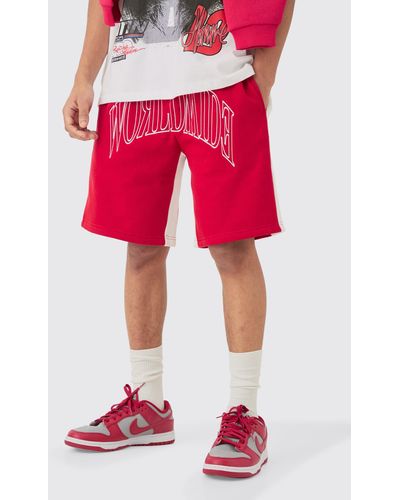 BoohooMAN Oversized Worldwide Contrast Stitch Gusset Short - Red