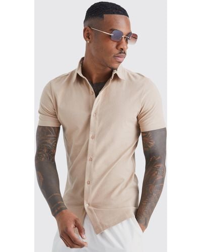 BoohooMAN Short Sleeve Stretch Fit Jersey Shirt - Natural