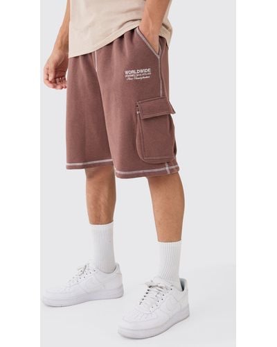 Boohoo Relaxed Worlwide Contrast Stitch Cargo Shorts - Brown