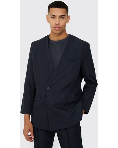 BoohooMAN Double Breasted Straight Blazer - Blue