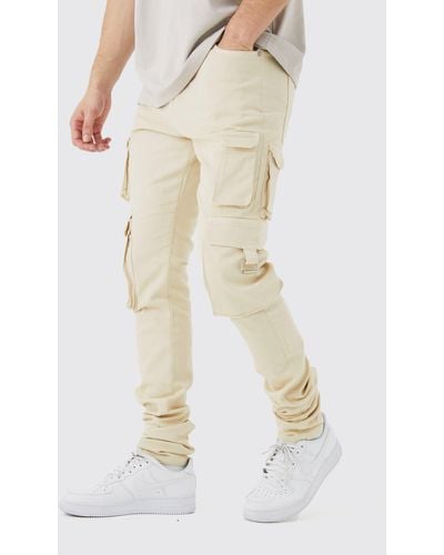 BoohooMAN Tall Fixed Waist Skinny Stacked Multi Cargo Trouser - Natural