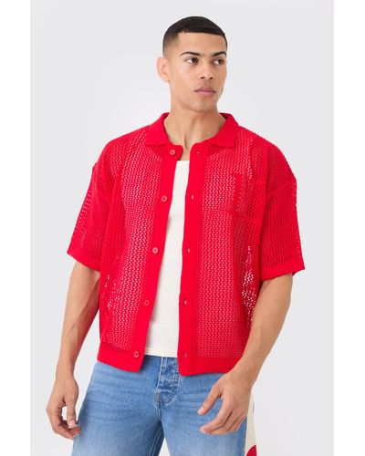 BoohooMAN Short Sleeve Boxy Open Stitch Varsity Knit Shirt In Red