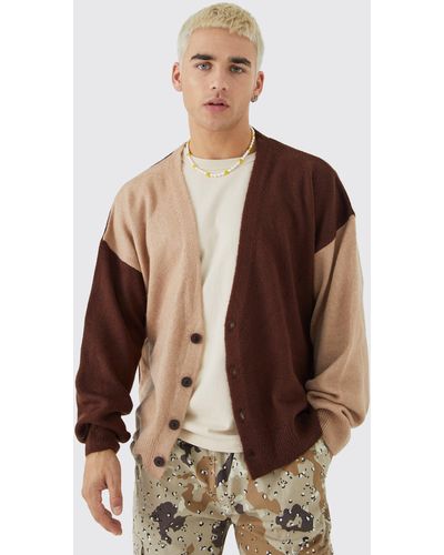 BoohooMAN Oversized Boxy Spliced Brushed Cardigan - Brown