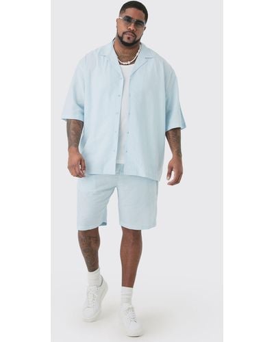 BoohooMAN Plus Drop Revere Linen Shirt & Short Set In Light Blue